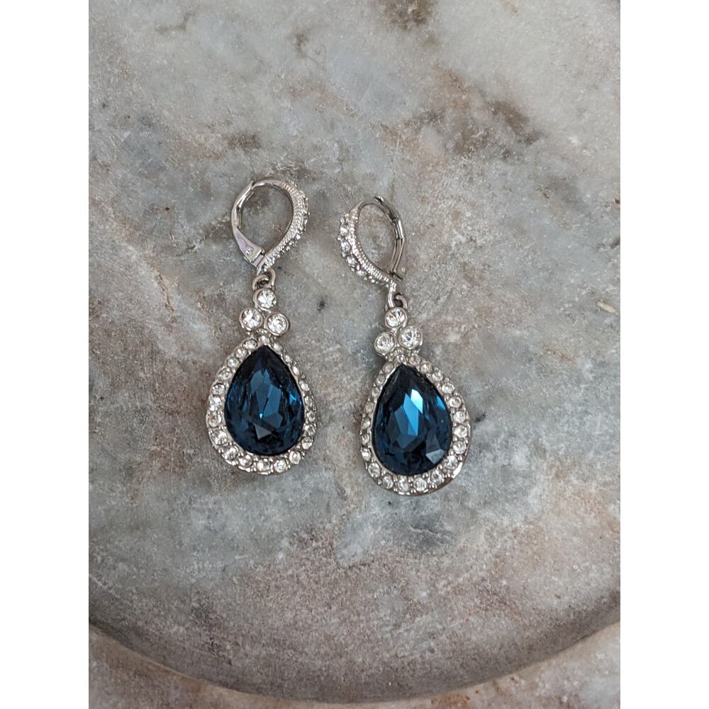 Givenchy Silver Tone Pave Crystal Drop Earring with Blue Glass Stone